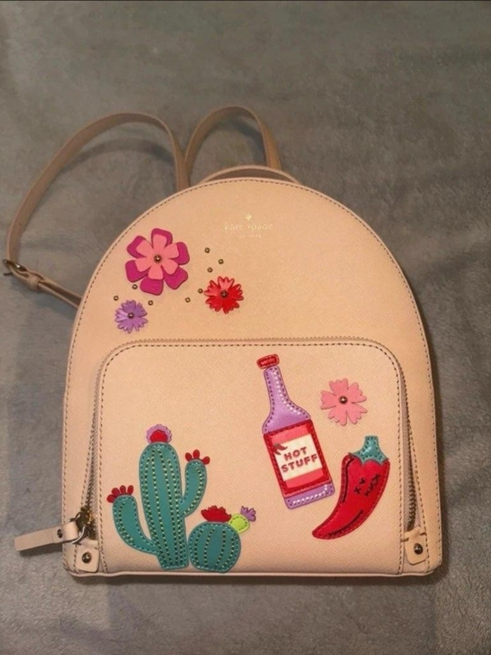 Kate Spade Mini Backpack – Blush Pink with Cactus & Hot Stuff Appliqués